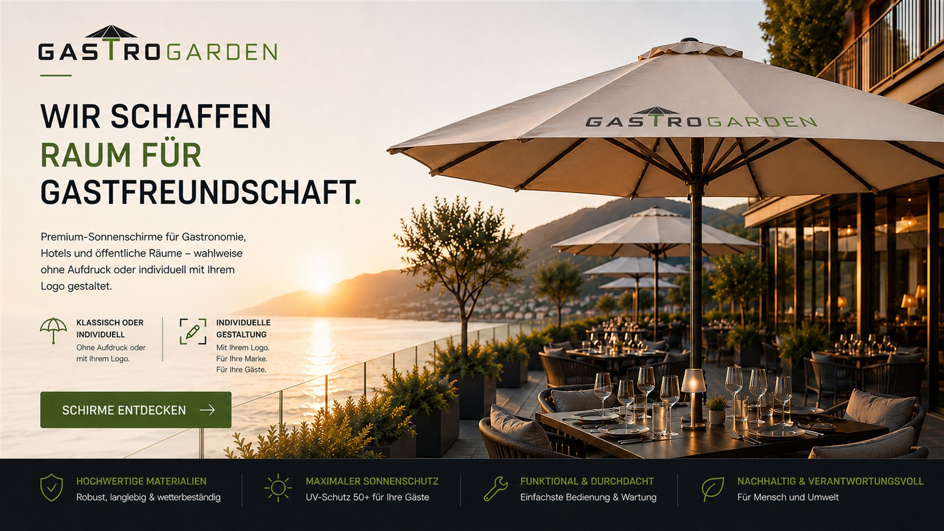 Wir schaffen Raum für Gastfreundschaft – GastroGarden Premium-Sonnenschirme auf einer Hotelterrasse